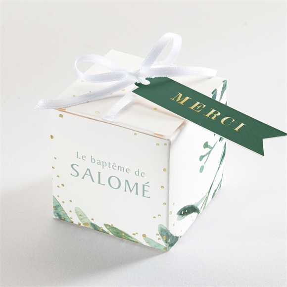 Boîte de dragées baptême feuilles et or