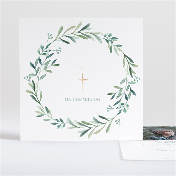 Faire-part communion végétal et dorure carré