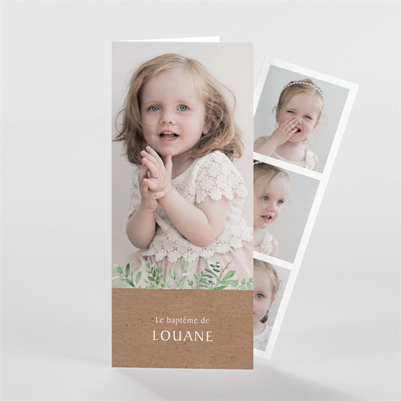 Faire-part de baptême kraft végétal photomaton