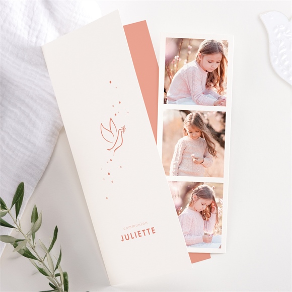 Faire-part communion colombe dorée photomaton