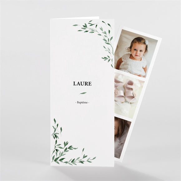 Faire-part de baptême décoration végétale photomaton