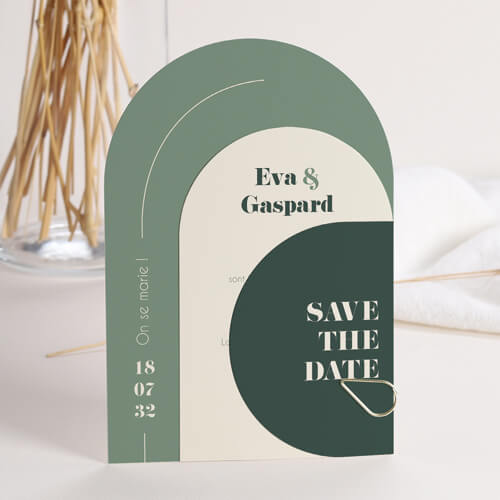 Faire-part de mariage sauge avec trombone